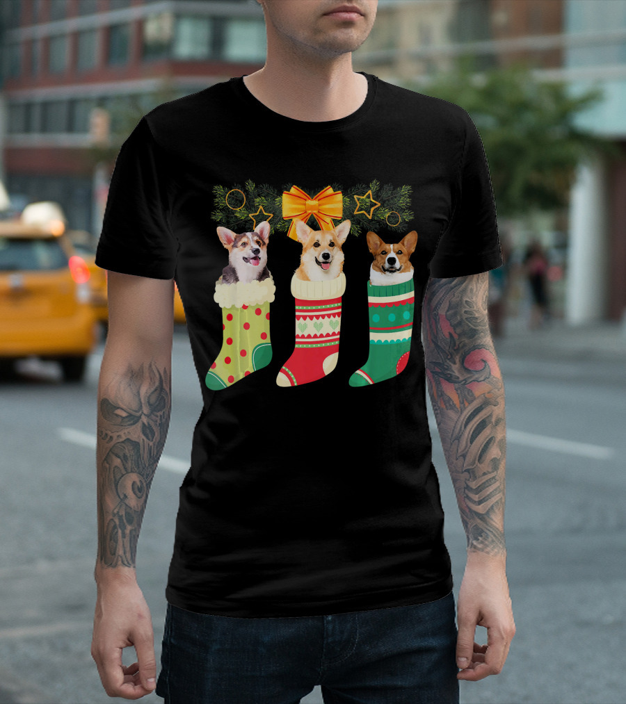 Christmas Three Corgi In Sock With Festive Stockings And Holiday Bow T-Shirt