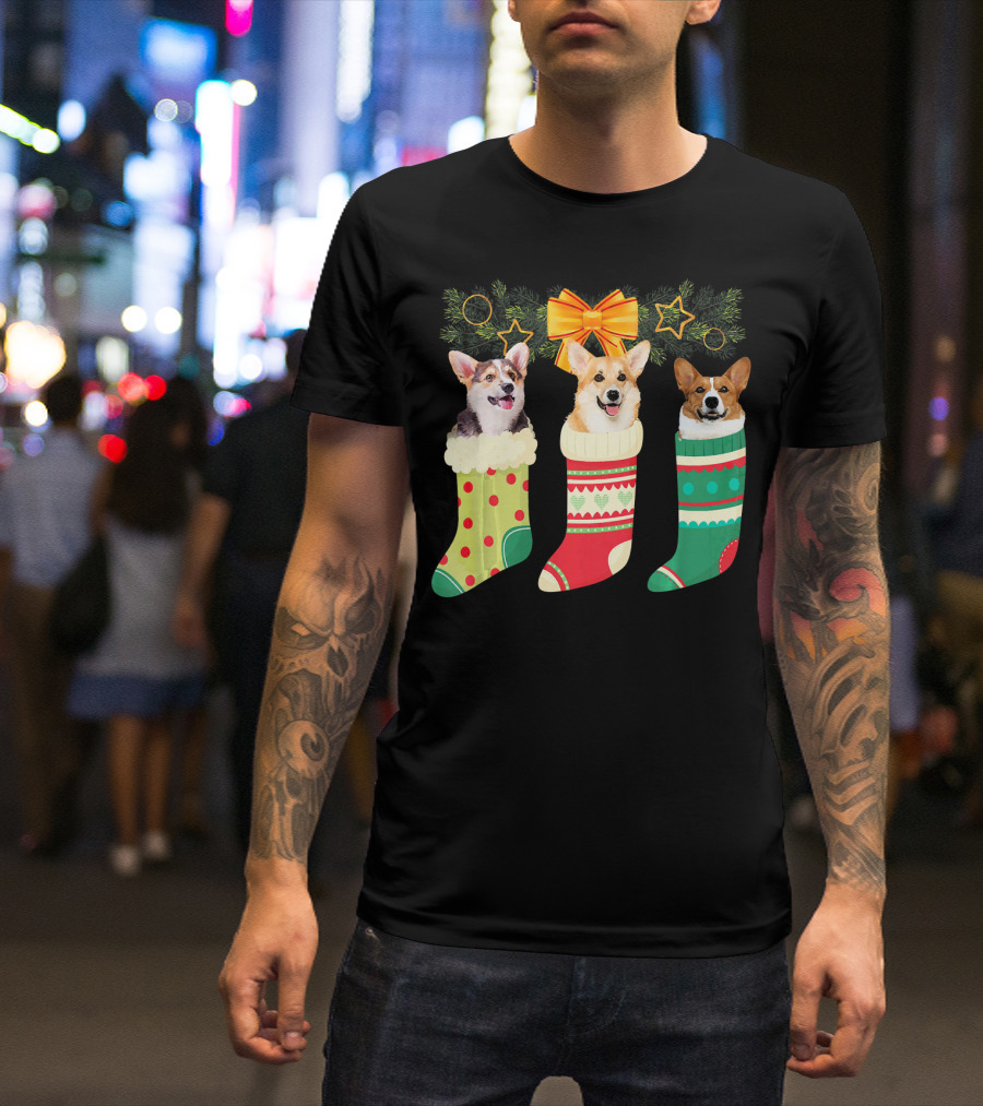 Christmas Three Corgi In Sock With Festive Stockings And Holiday Bow T-Shirt