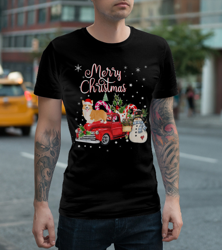 Merry Christmas Corgi on Red Truck with Snowman and Candy Canes T-Shirt
