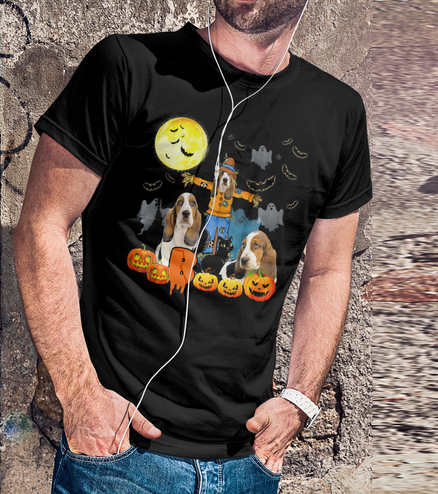 Halloween Moon Basset Hound Dog Pumpkin Ghosts Scarecrow T-Shirt