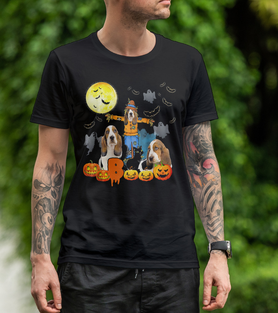Halloween Moon Basset Hound Dog Pumpkin Ghosts Scarecrow T-Shirt