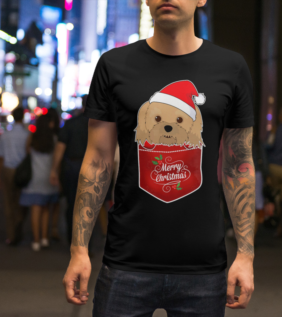 Merry Christmas Havanese With Santa Hat In Pocket T-Shirt