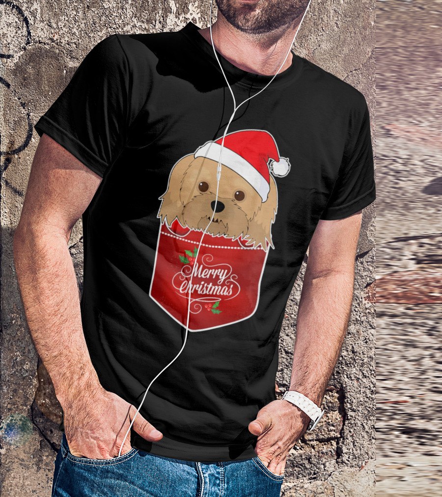 Merry Christmas Havanese With Santa Hat In Pocket T-Shirt