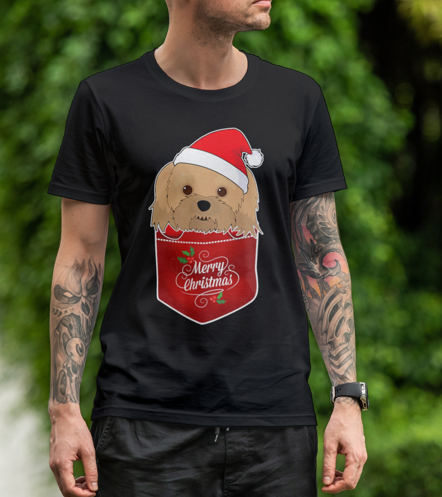 Merry Christmas Havanese With Santa Hat In Pocket T-Shirt
