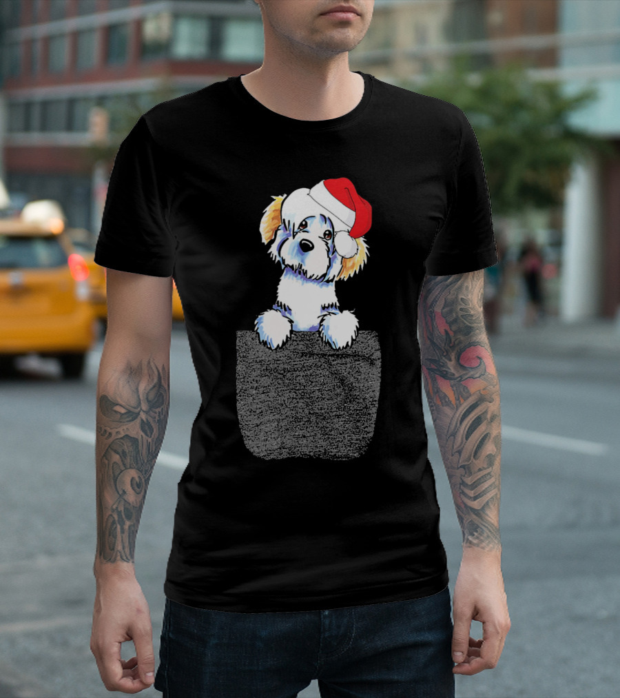 Havanese Dog with Santa Hat in Pocket T-Shirt