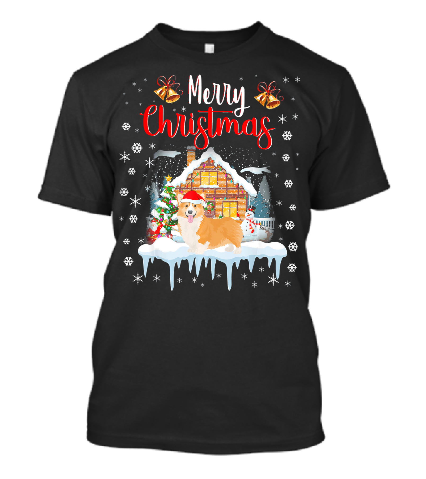 Funny Corgi Santa Hat Merry Christmas Snowy House Scene T-Shirt