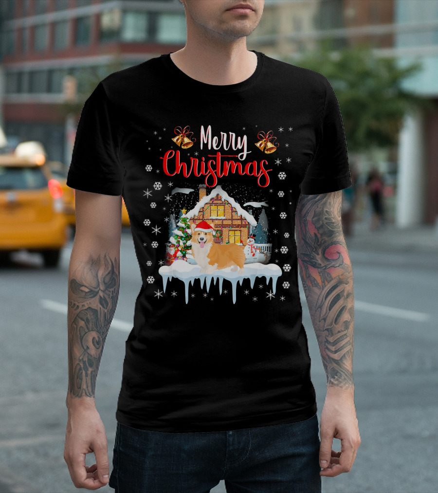 Funny Corgi Santa Hat Merry Christmas Snowy House Scene T-Shirt