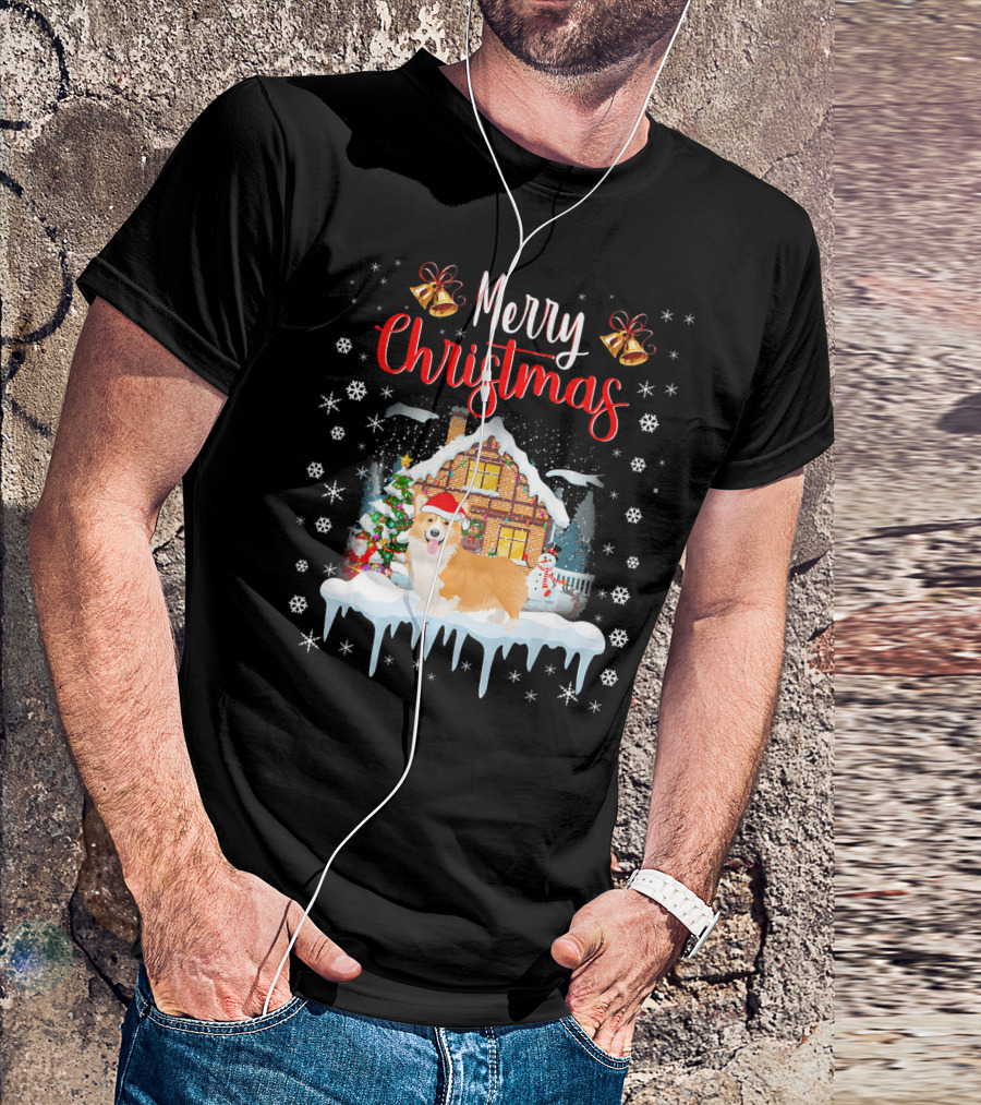 Funny Corgi Santa Hat Merry Christmas Snowy House Scene T-Shirt