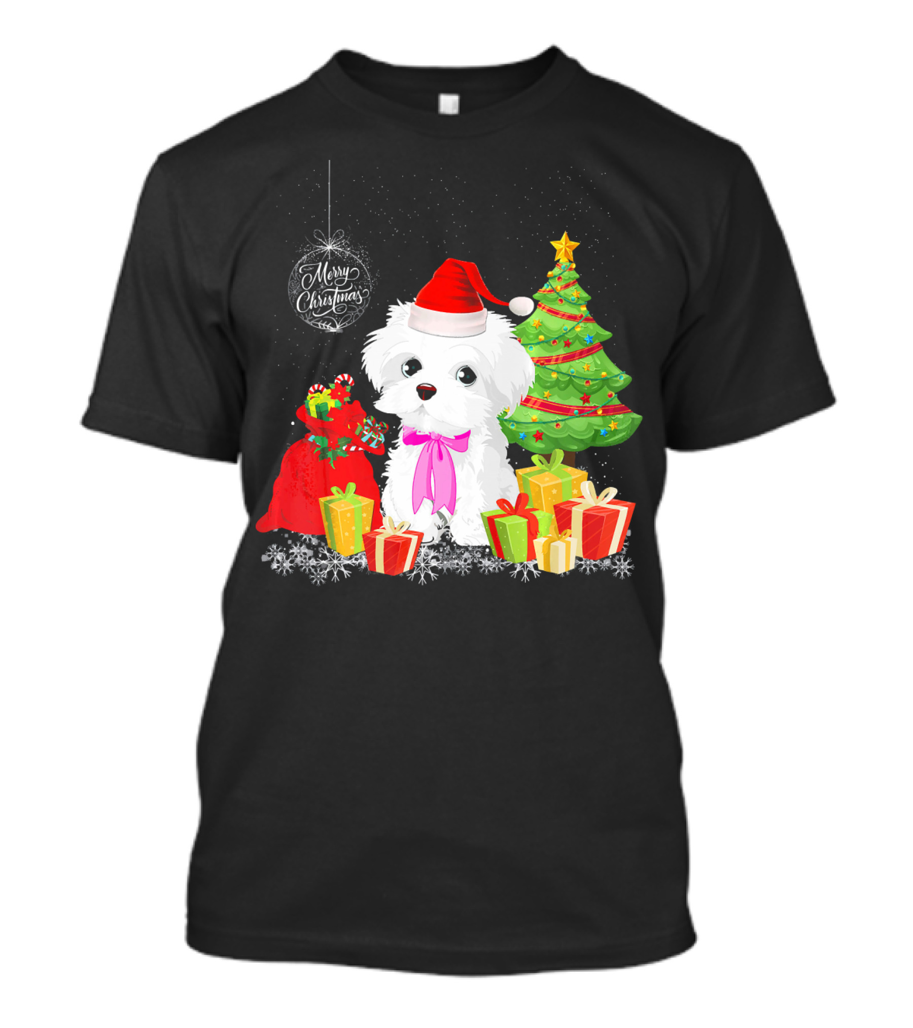 Havanese With Merry Christmas Boxes And Santa Hat By Christmas Tree T-Shirt