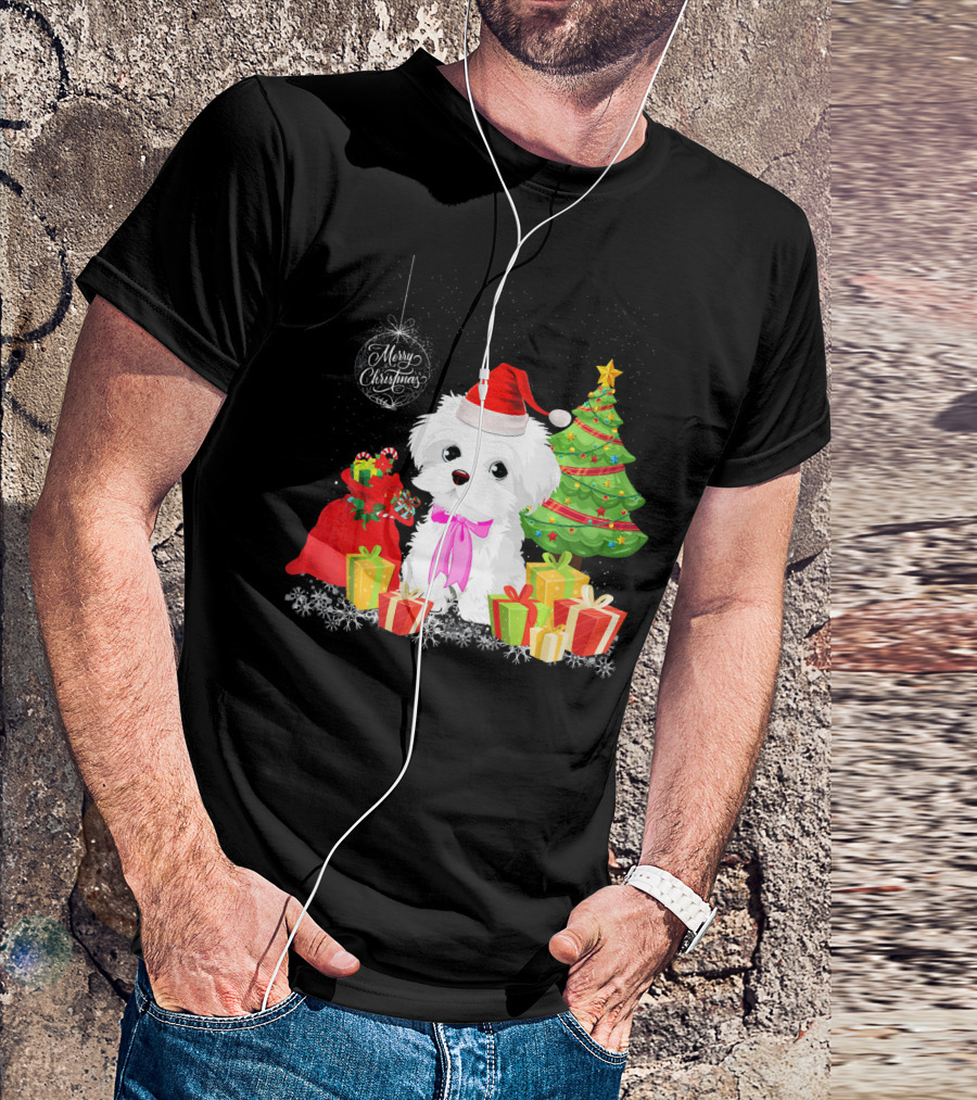 Havanese With Merry Christmas Boxes And Santa Hat By Christmas Tree T-Shirt