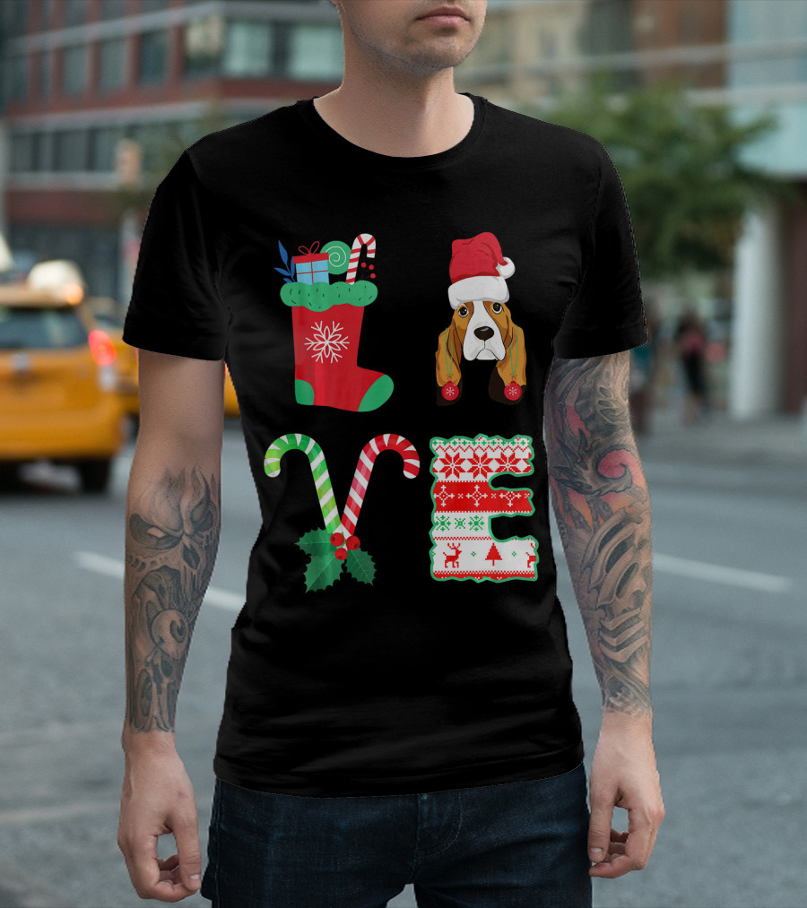 Love Basset Hound Christmas Candy Canes Stocking Hat T-Shirt