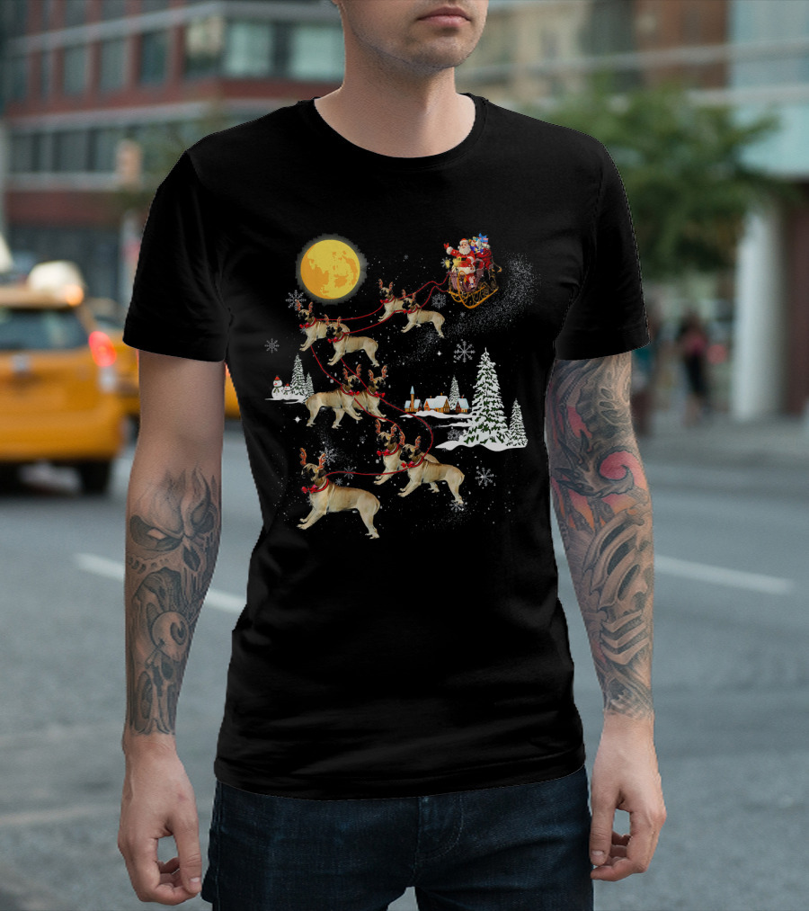 Santa Sledding Over Moonlit Village with English Mastiff Reindeer T-Shirt