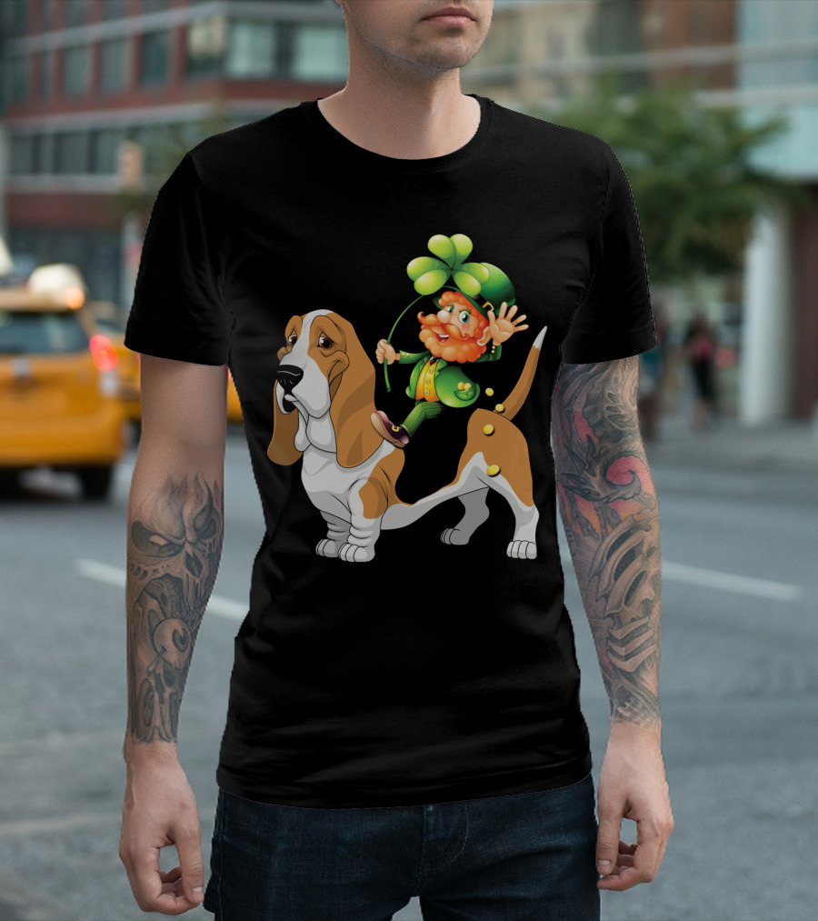 Leprechaun Riding Basset Hound Dog in Irish Green Attire Holding Shamrock T-Shirt