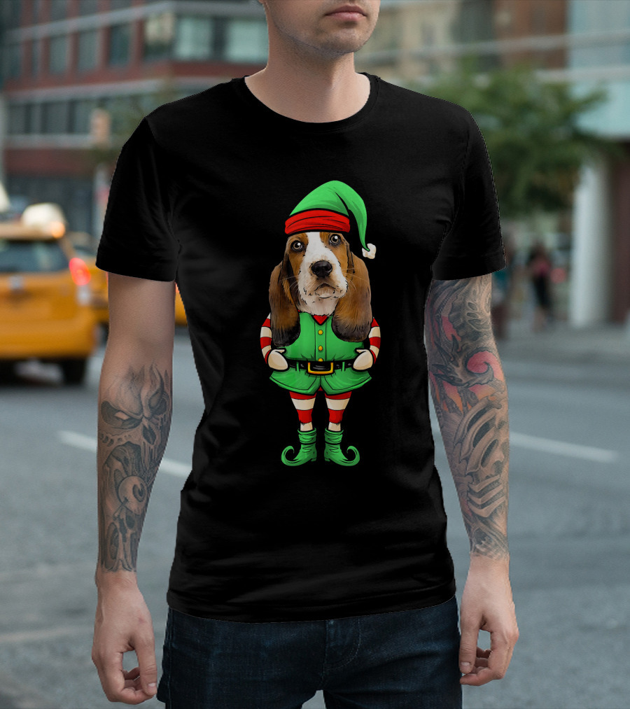 Funny Christmas Elf Basset Hound Dog Holiday Humor T-Shirt