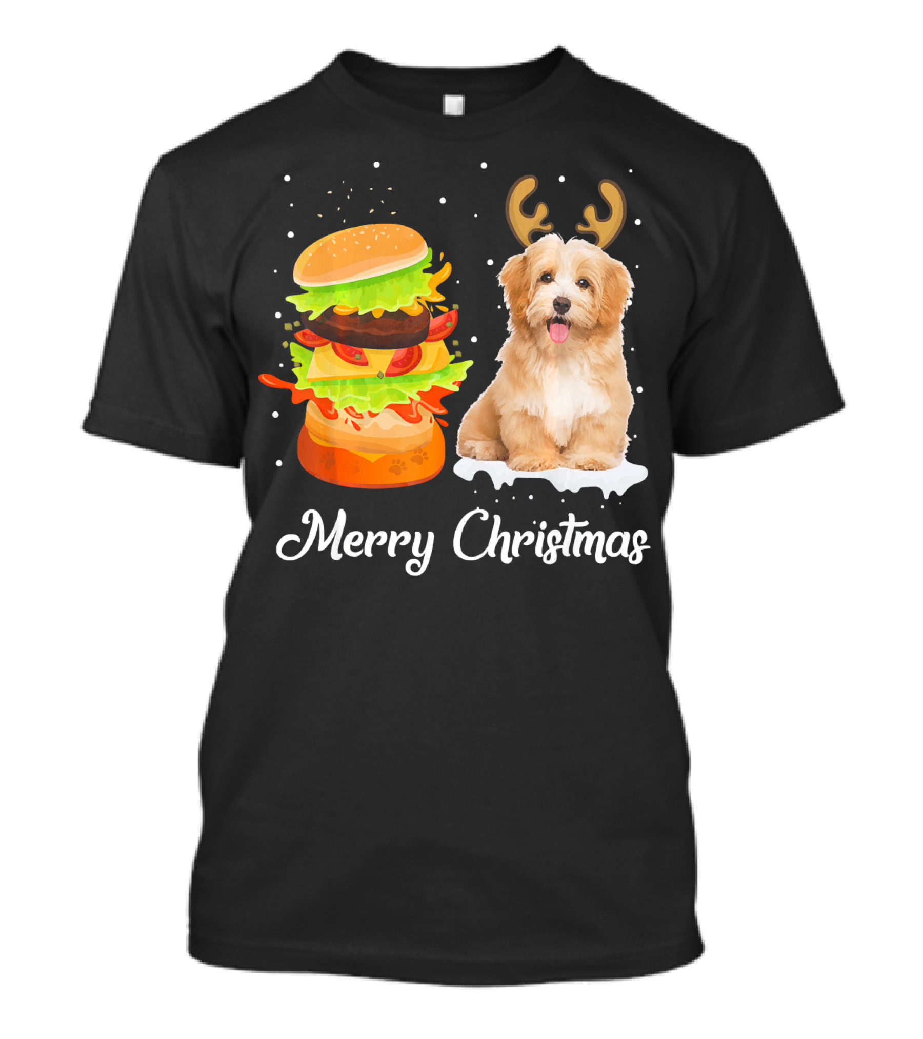 Merry Christmas Havanese Dog With Reindeer Antlers And Burger Stack T-Shirt