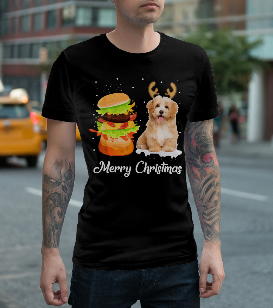 Merry Christmas Havanese Dog With Reindeer Antlers And Burger Stack T-Shirt