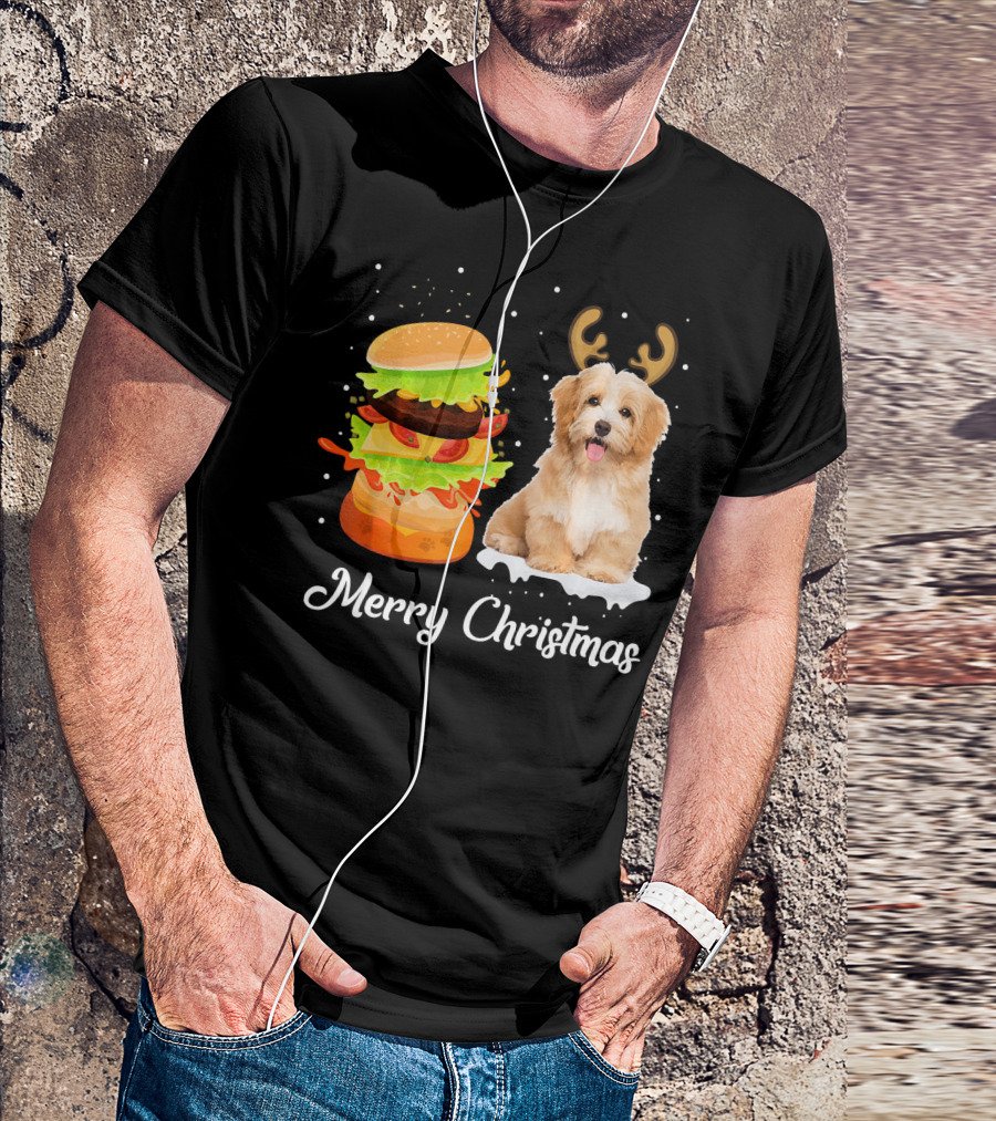 Merry Christmas Havanese Dog With Reindeer Antlers And Burger Stack T-Shirt