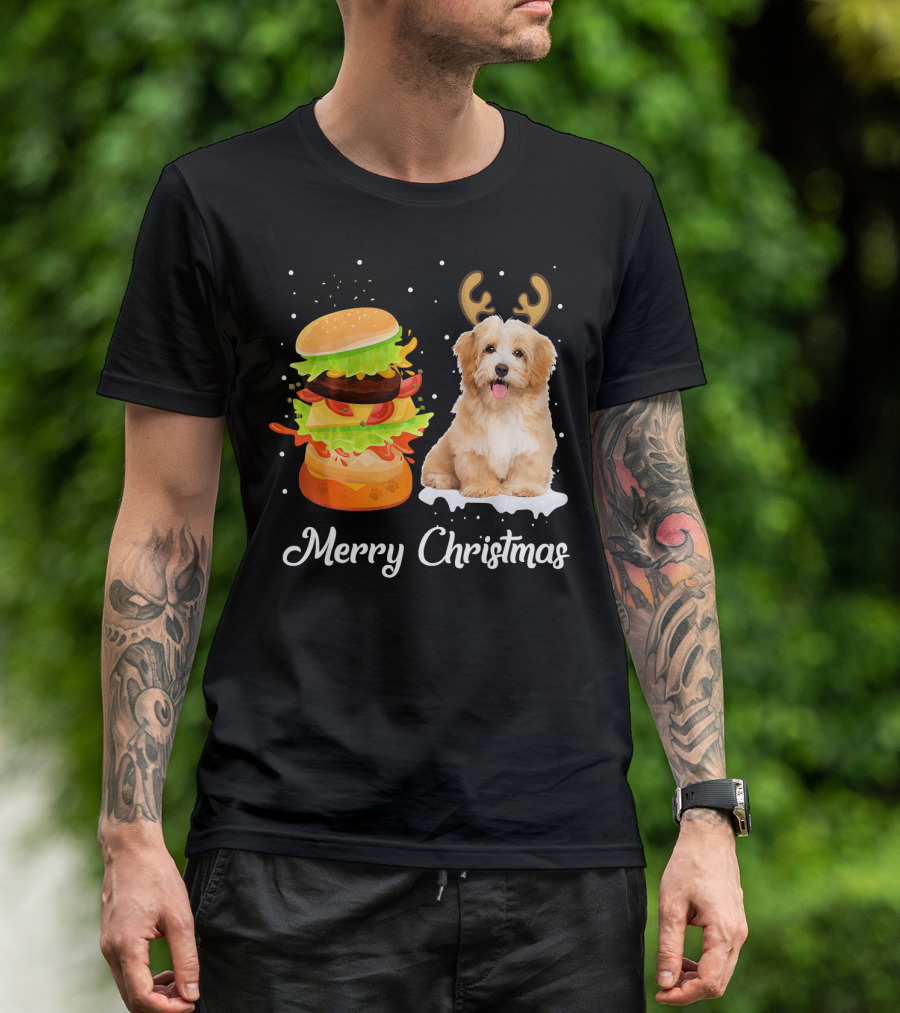 Merry Christmas Havanese Dog With Reindeer Antlers And Burger Stack T-Shirt