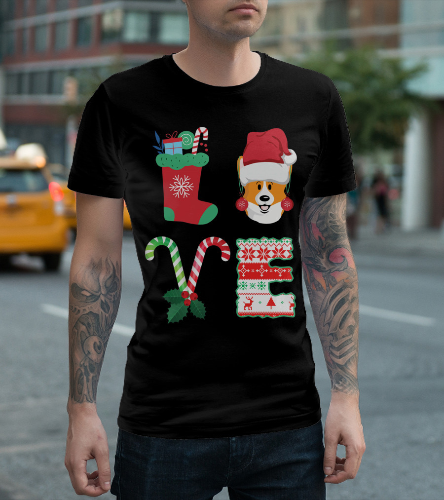 I Love My Welsh Corgi Christmas Candy Cane And Stocking Holiday T-Shirt