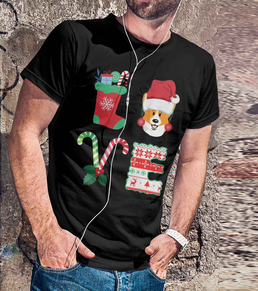 I Love My Welsh Corgi Christmas Candy Cane And Stocking Holiday T-Shirt