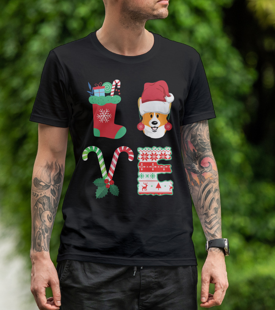 I Love My Welsh Corgi Christmas Candy Cane And Stocking Holiday T-Shirt