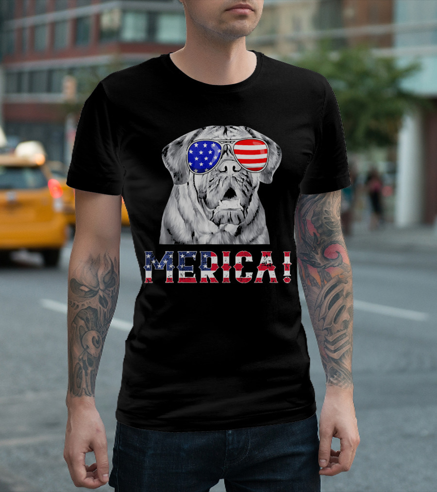 MERICA English Mastiff Dog With American Flag Sunglasses T-Shirt