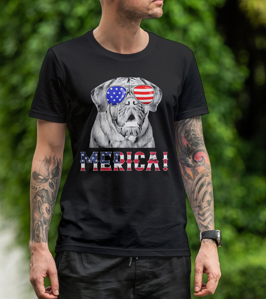 MERICA English Mastiff Dog With American Flag Sunglasses T-Shirt