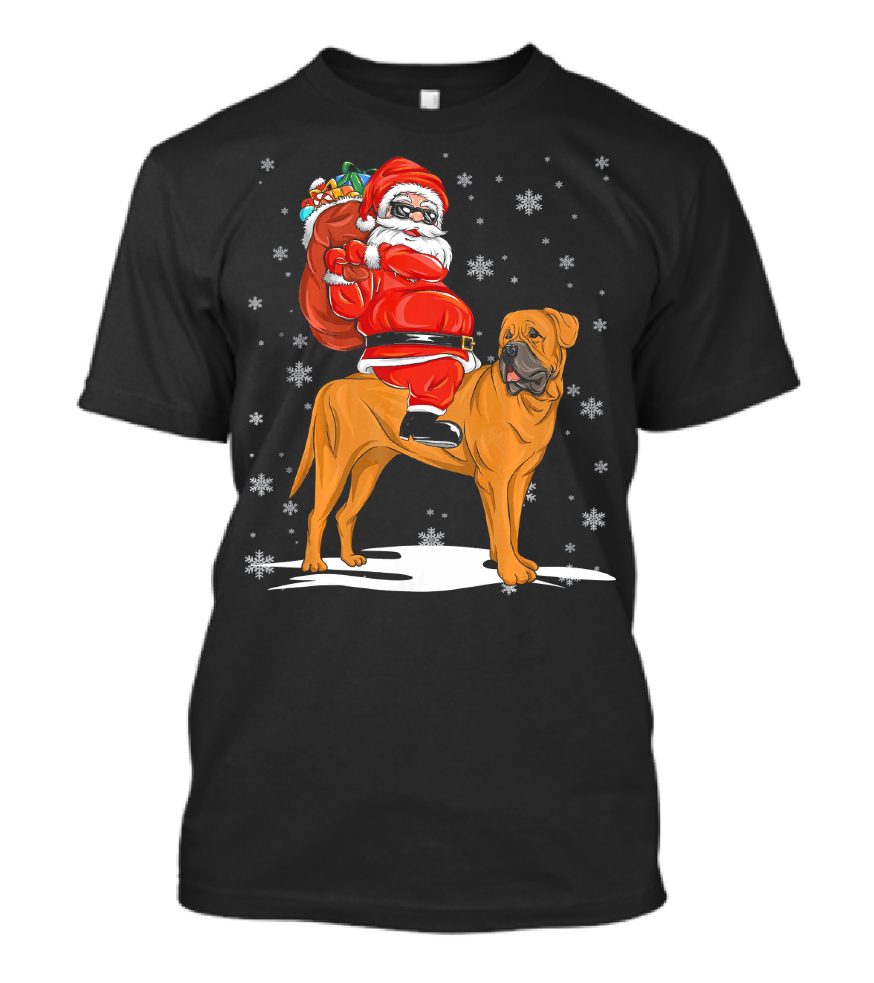 Funny Santa Claus Riding Bullmastiff With Snowflakes T-Shirt