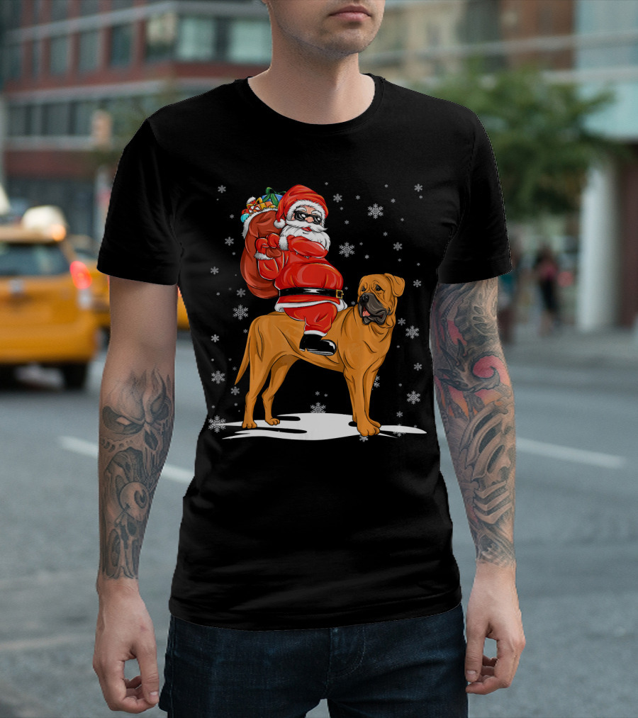 Funny Santa Claus Riding Bullmastiff With Snowflakes T-Shirt