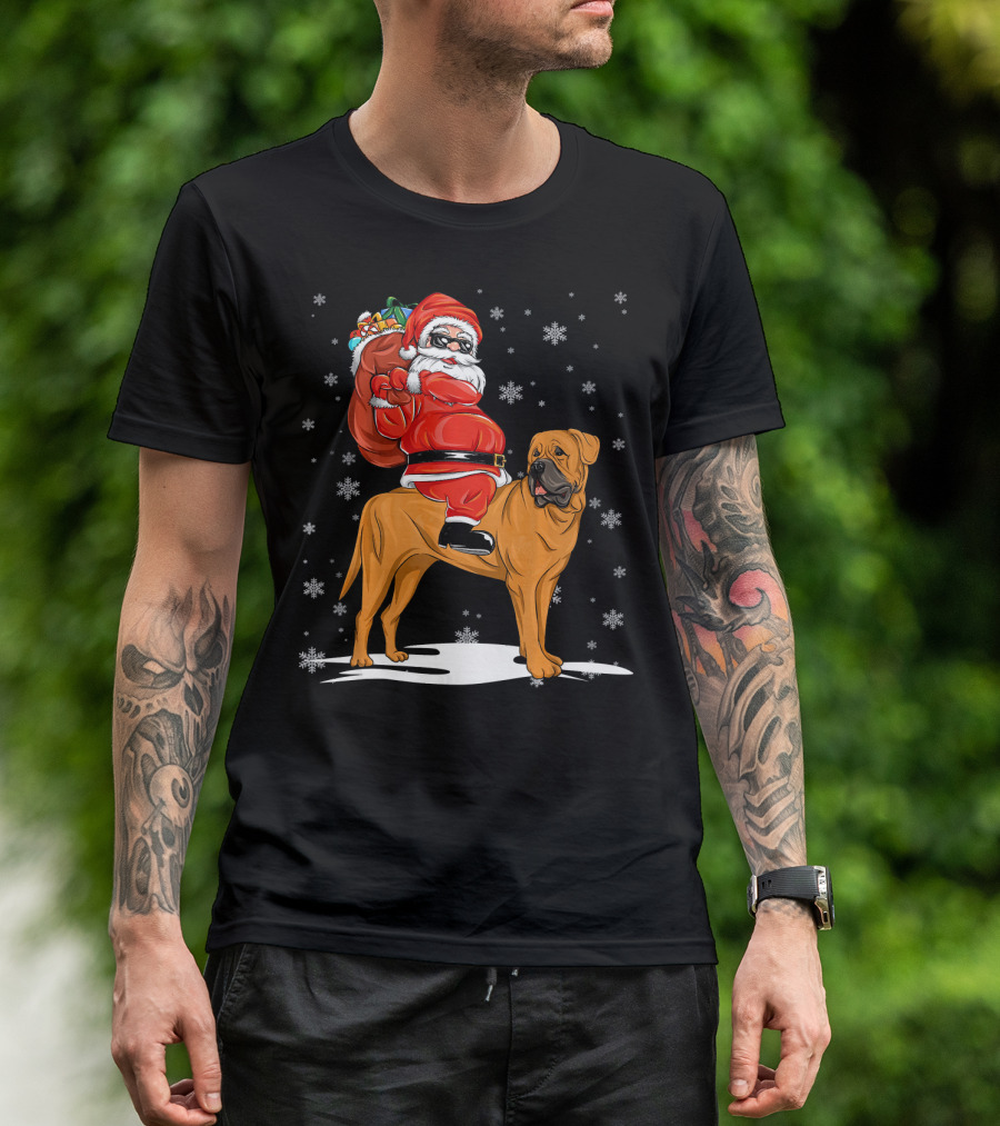 Funny Santa Claus Riding Bullmastiff With Snowflakes T-Shirt