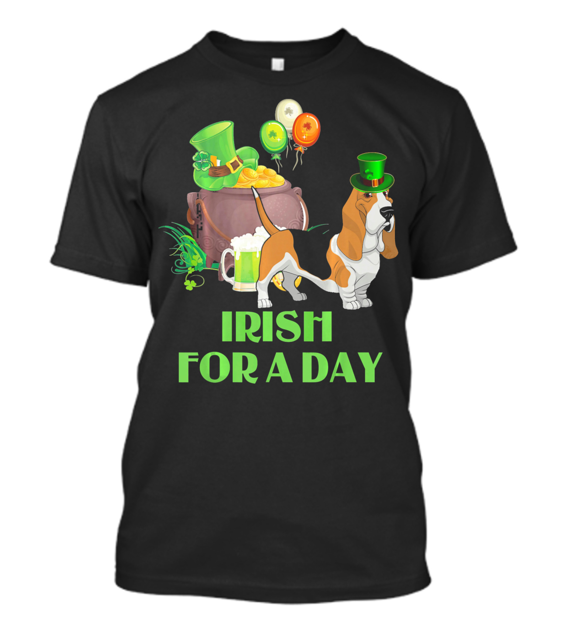 Irish For A Day Basset Hound With Leprechaun Hat And Pot Of Gold T-Shirt