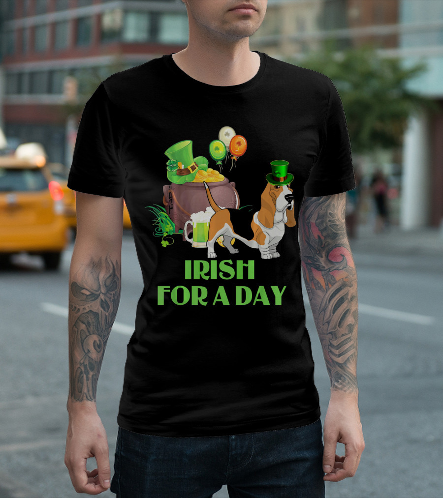 Irish For A Day Basset Hound With Leprechaun Hat And Pot Of Gold T-Shirt
