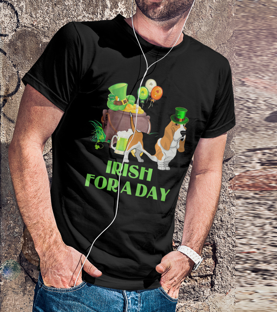 Irish For A Day Basset Hound With Leprechaun Hat And Pot Of Gold T-Shirt