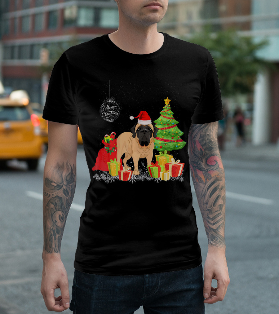 English Mastiff Merry Christmas Santa Hat Gifts Tree T-Shirt