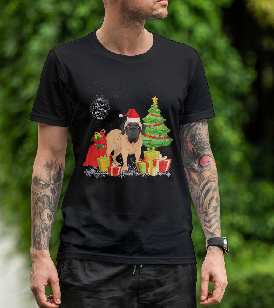 English Mastiff Merry Christmas Santa Hat Gifts Tree T-Shirt