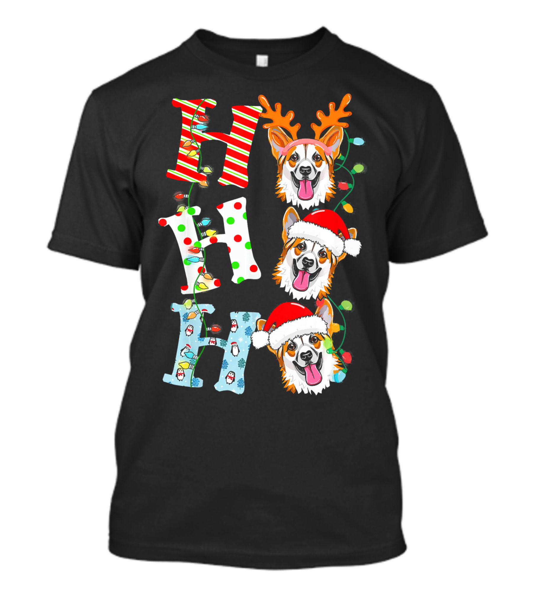 HO HO HO Corgi Dog Santa Hat Reindeer Antlers Christmas Lights T-Shirt