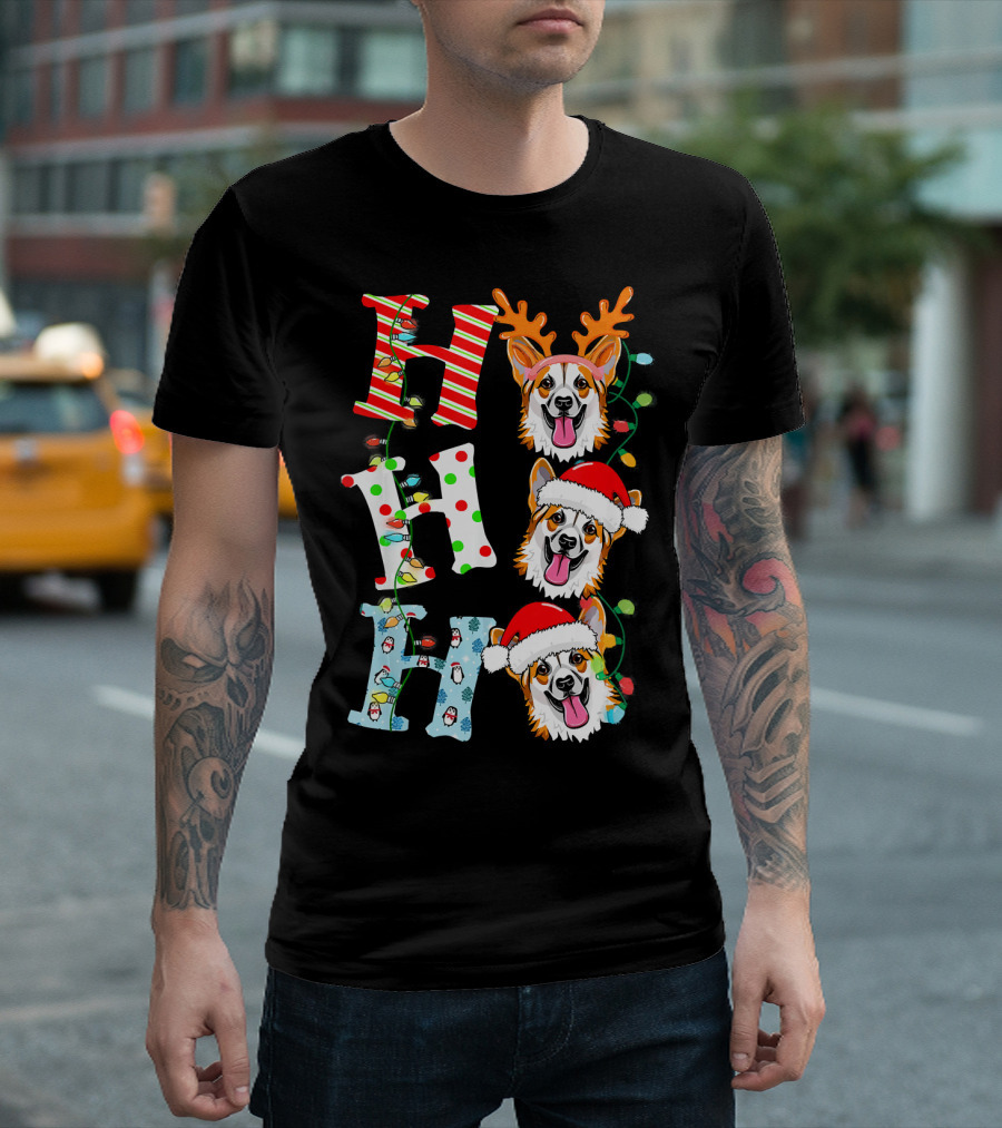 HO HO HO Corgi Dog Santa Hat Reindeer Antlers Christmas Lights T-Shirt