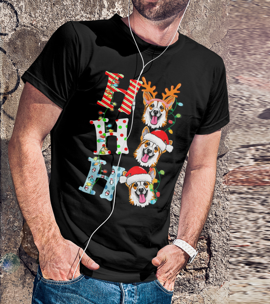 HO HO HO Corgi Dog Santa Hat Reindeer Antlers Christmas Lights T-Shirt