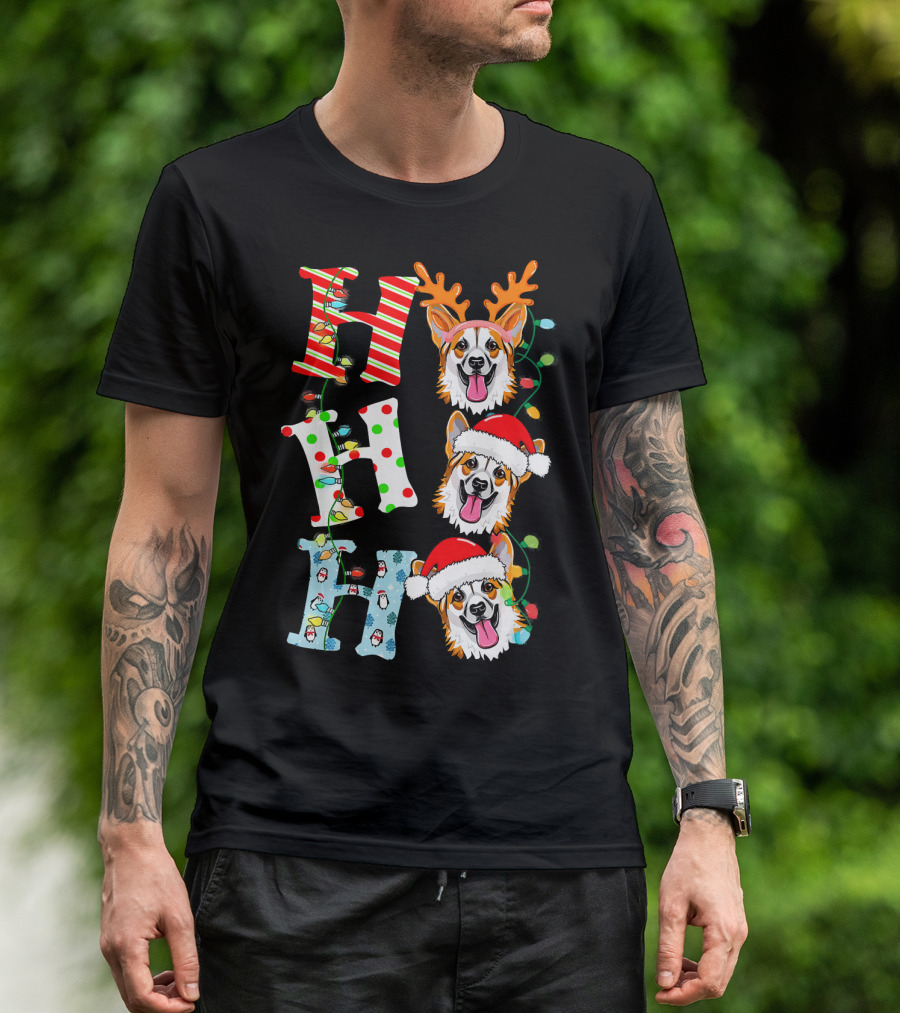 HO HO HO Corgi Dog Santa Hat Reindeer Antlers Christmas Lights T-Shirt