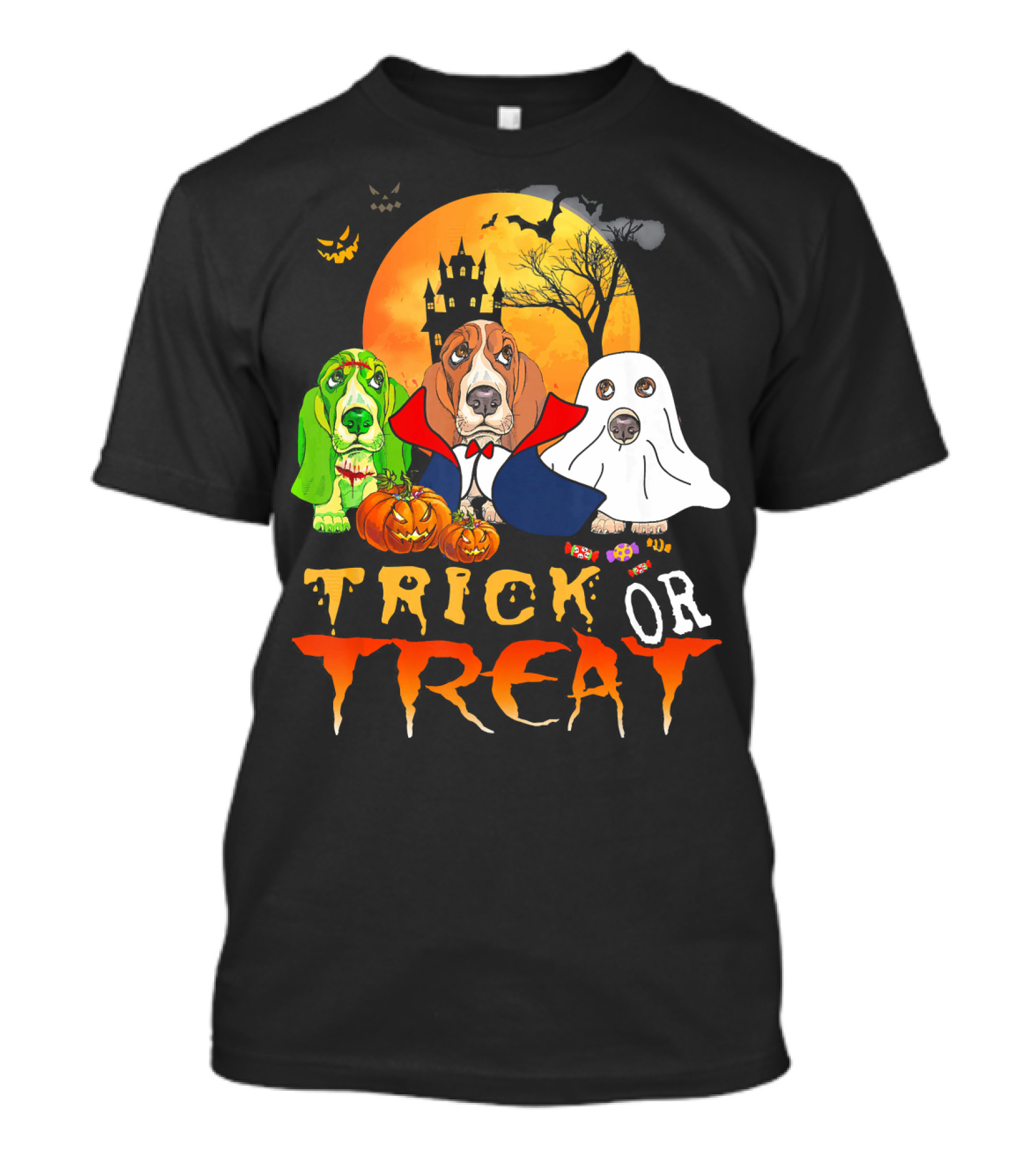 Halloween Basset Hound Trick Or Treat Vampire Ghost Pumpkins Haunted Castle Full Moon T-Shirt