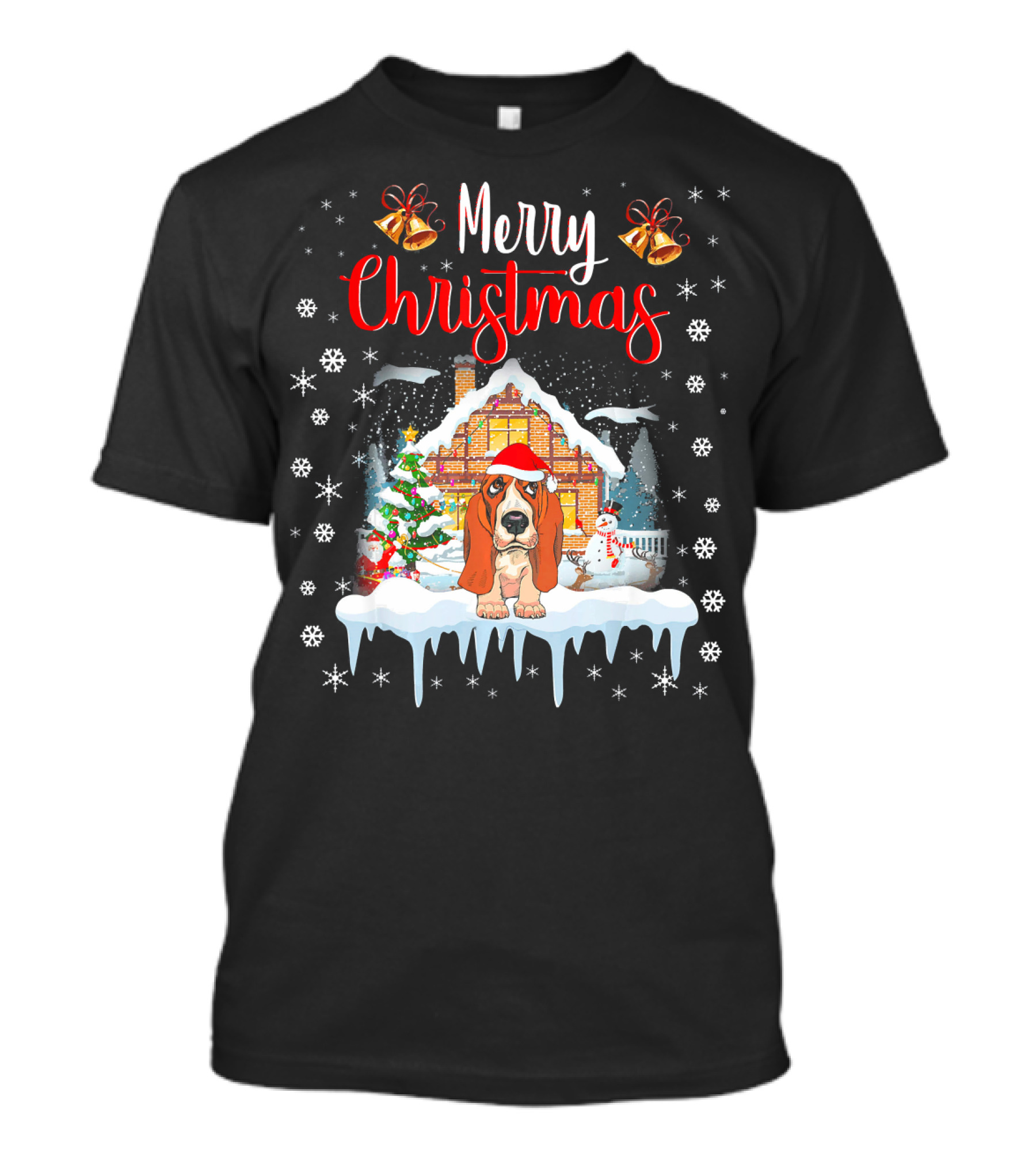 Merry Christmas Basset Hound With Santa Hat Snowflakes And Bells T-Shirt