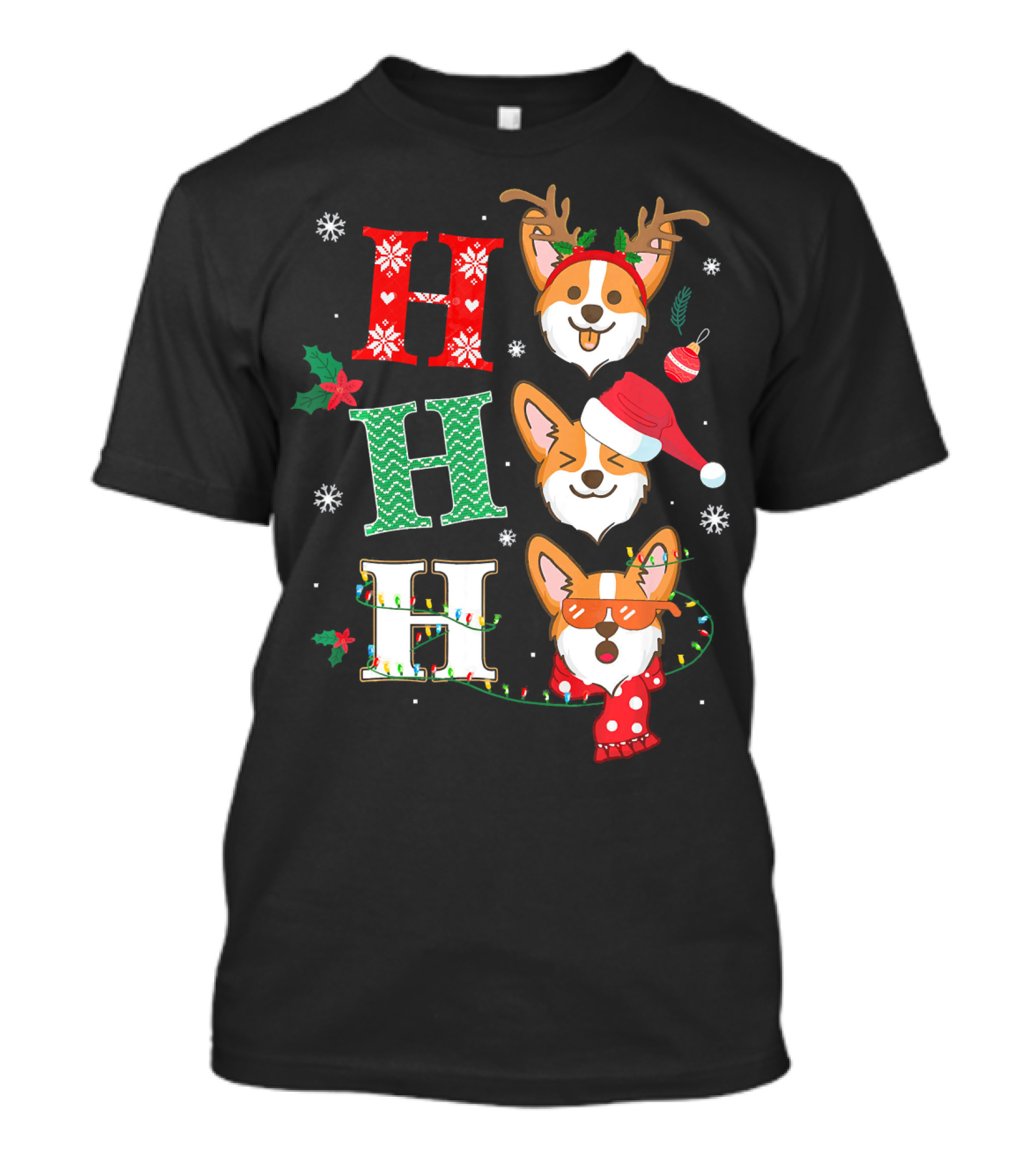 Ho Ho Ho Xmas Pembroke Welsh Corgi Reindeer Santa Lights T-Shirt