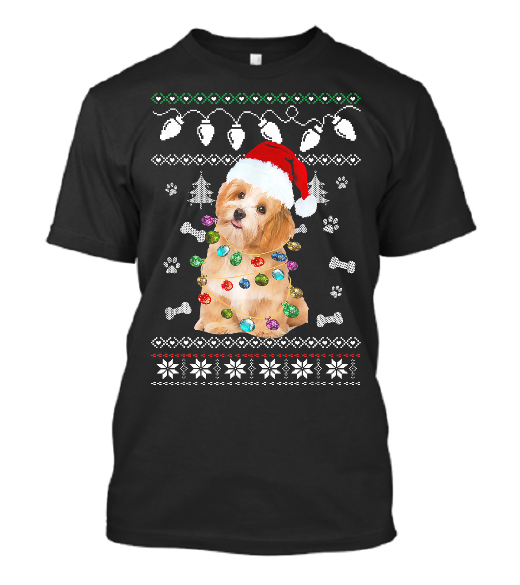Havanese Christmas Dog Light Santa Hat Ugly Sweater Paw Bones T-Shirt
