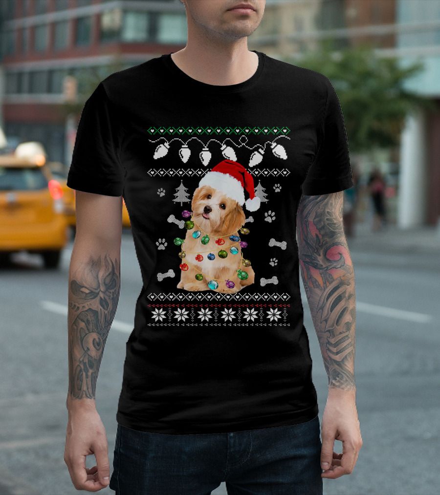 Havanese Christmas Dog Light Santa Hat Ugly Sweater Paw Bones T-Shirt
