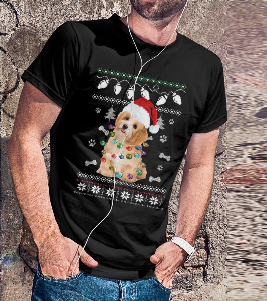 Havanese Christmas Dog Light Santa Hat Ugly Sweater Paw Bones T-Shirt