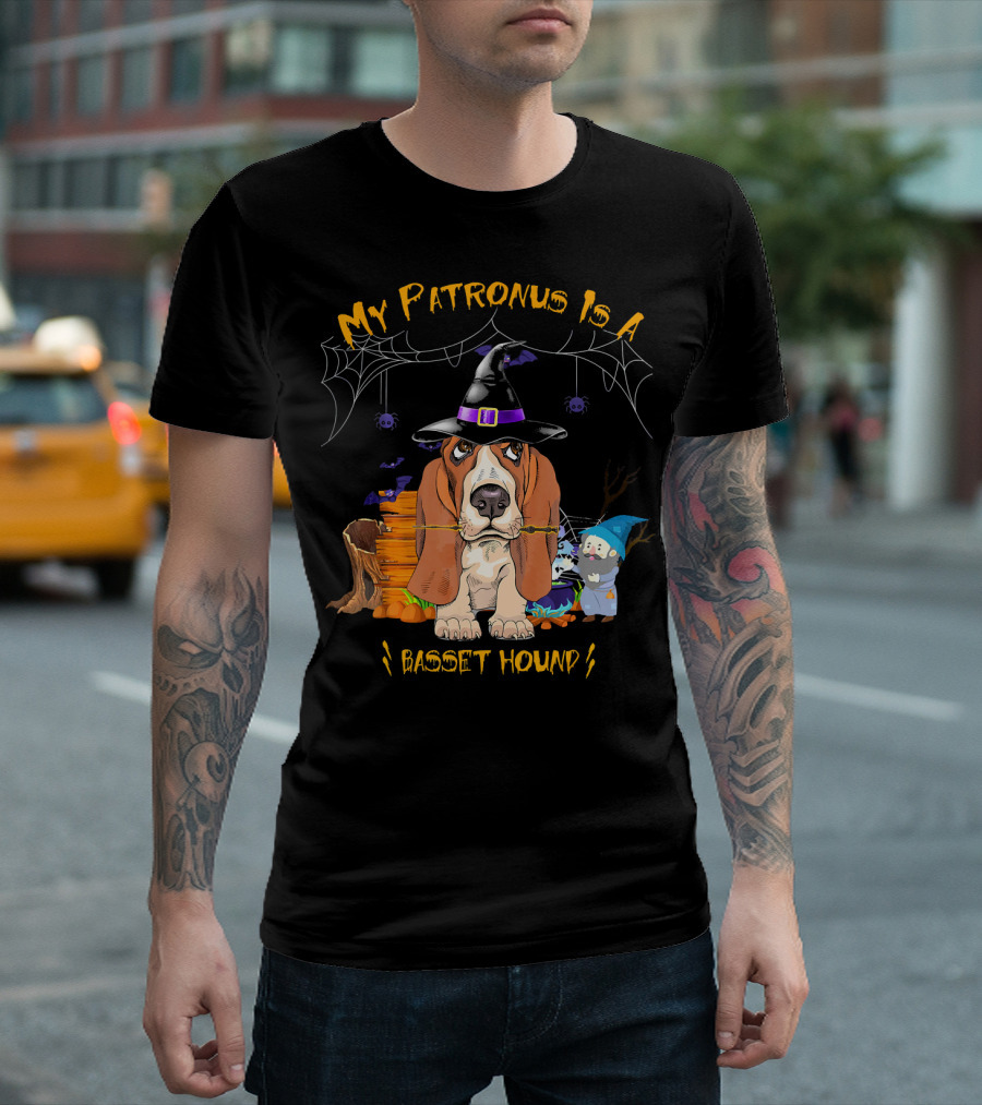My Patronus Is A Basset Hound Halloween Wizard Hat Spider Web Cute Ghost Pumpkins T-Shirt