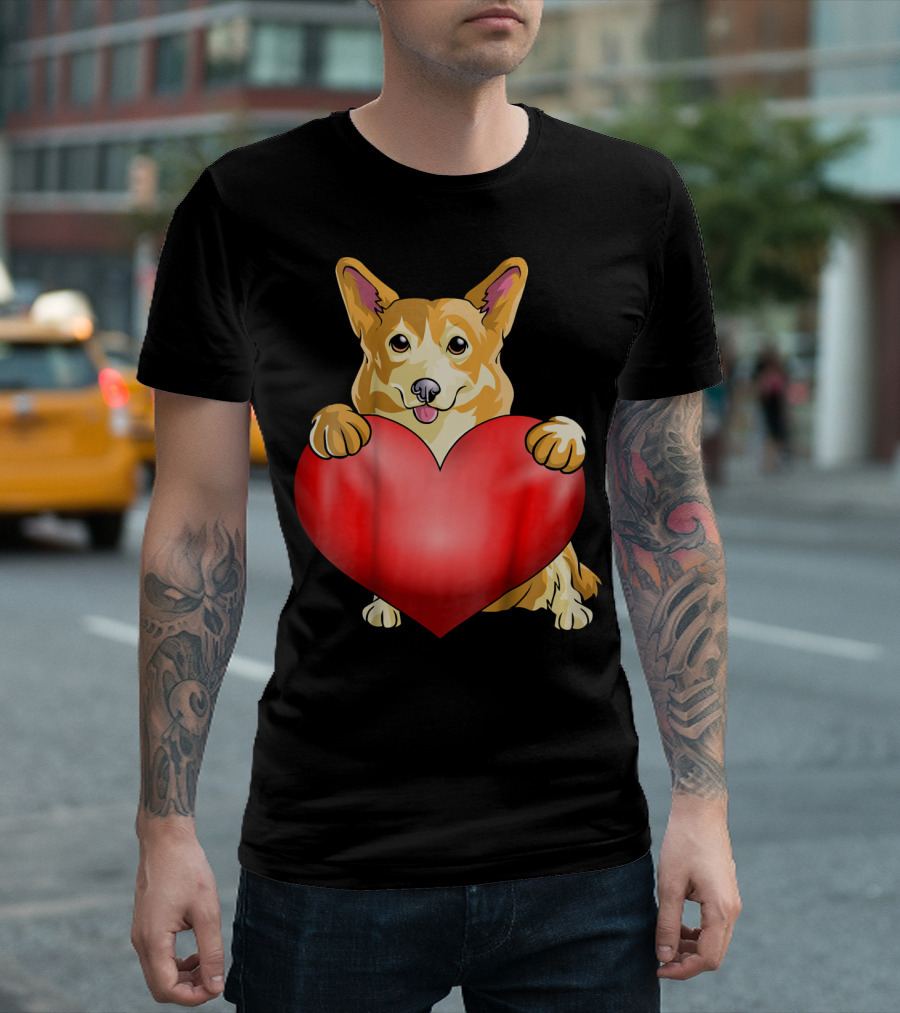 Kids Valentines Day Corgi Dog Holding Red Heart T-Shirt