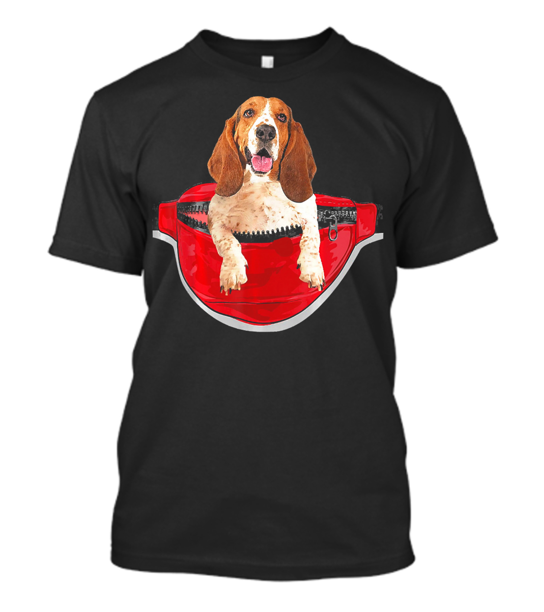 Funny Basset Hound In Red Waist Pack Dog Pocket T-Shirt