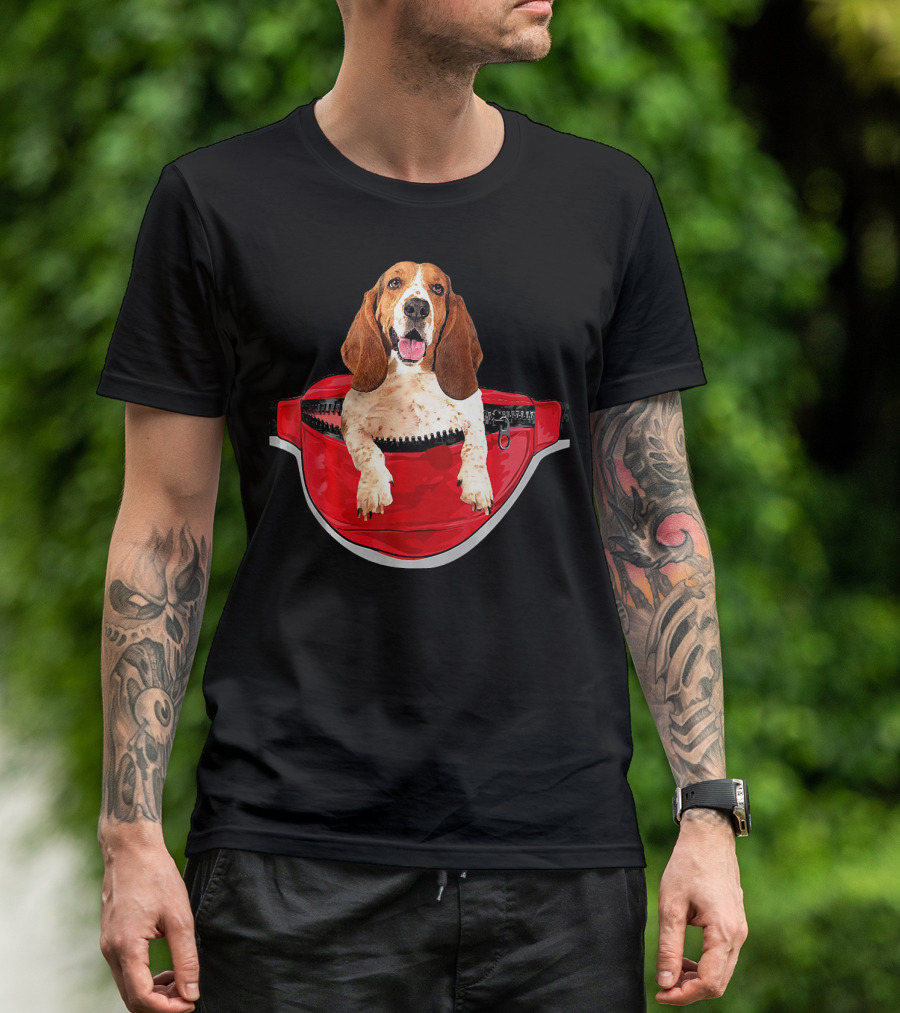 Funny Basset Hound In Red Waist Pack Dog Pocket T-Shirt