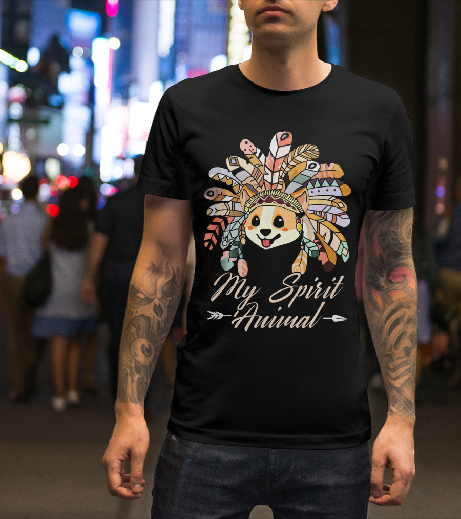 My Spirit Animal Funny Dog Corgi Lover Tribal Feather Headdress T-Shirt